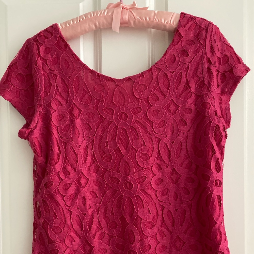 Lacy, raspberry-colored, two layered dressy tee